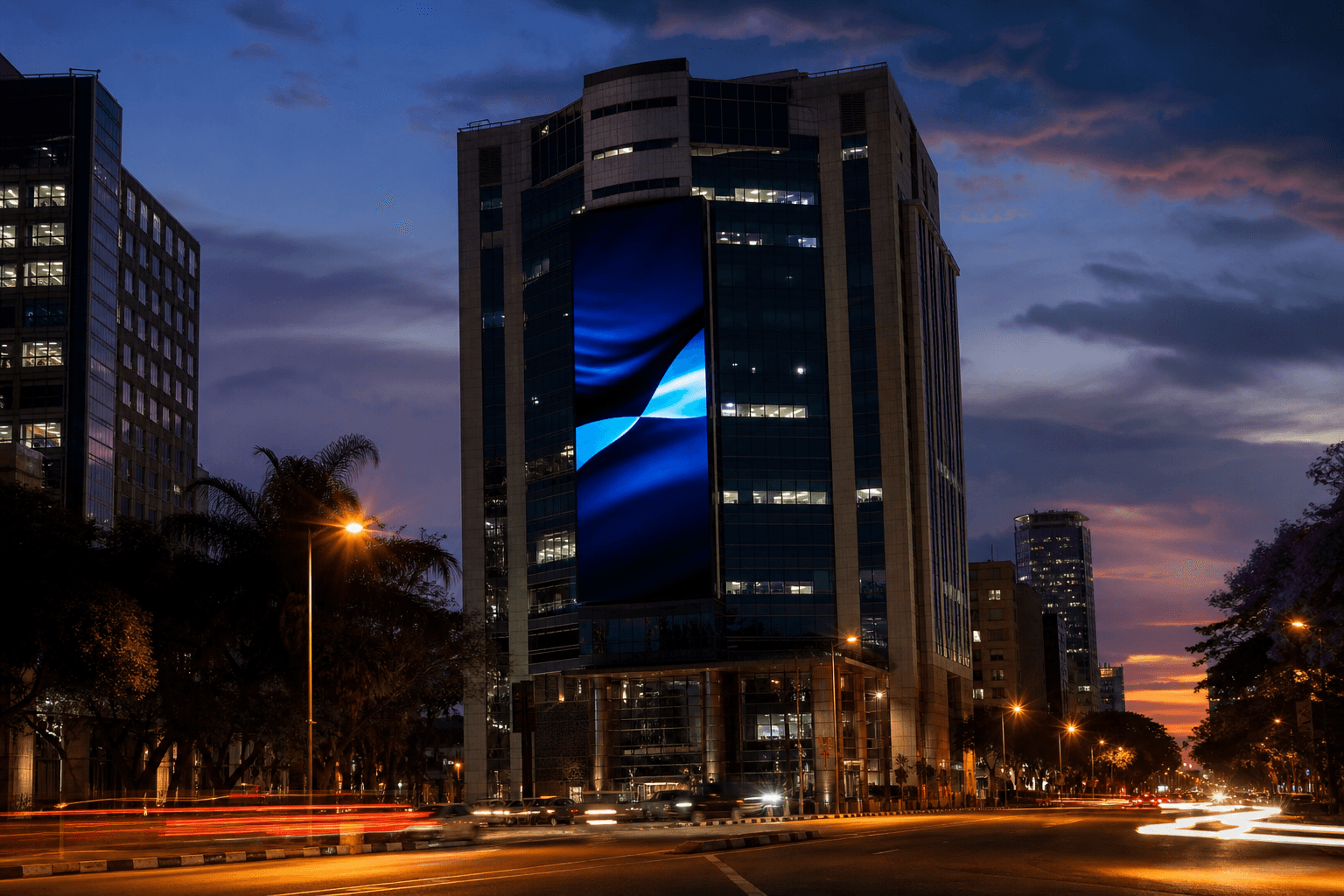 A digital outdoor screen on a commercial building at dusk in a Zimbabwean city