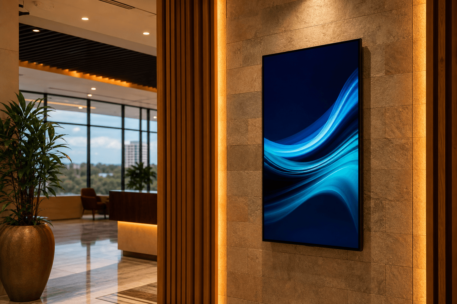 Indoor digital advertising screen in a commercial lobby